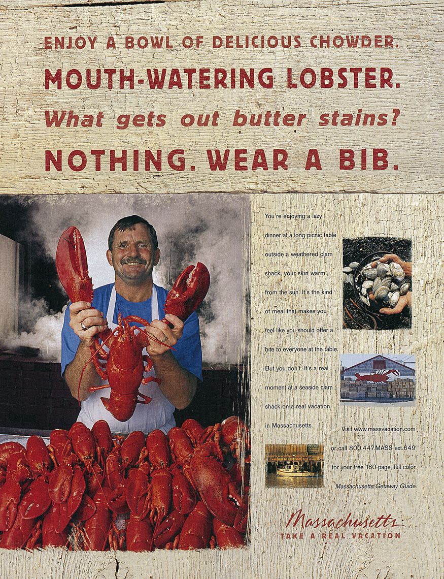 Ad for Massachusetts Travel, lobsters