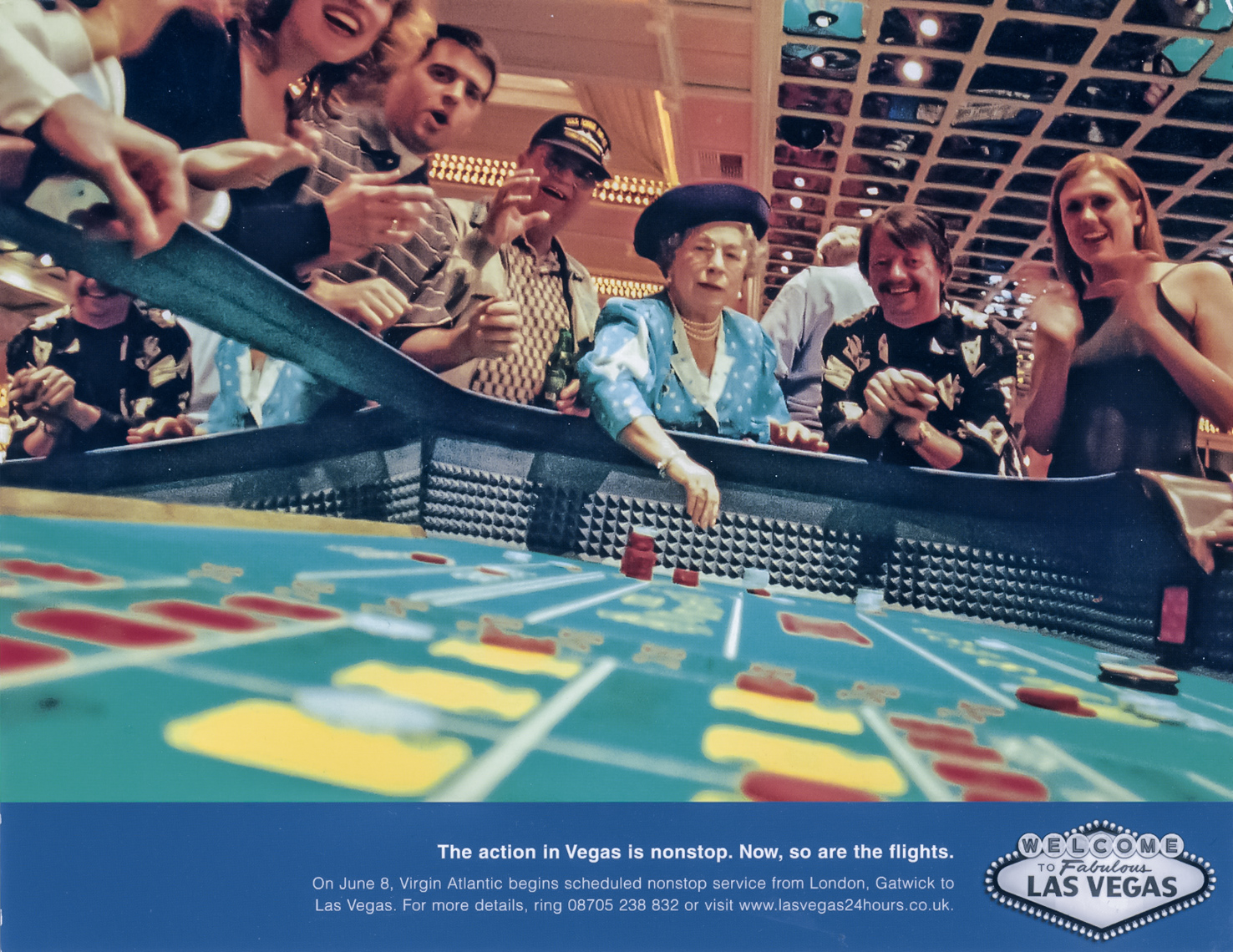 Ad for Virgin Atlantic %22 nonstops to Las Vegas %22  Queen shooting craps,  agency- R & R Partners