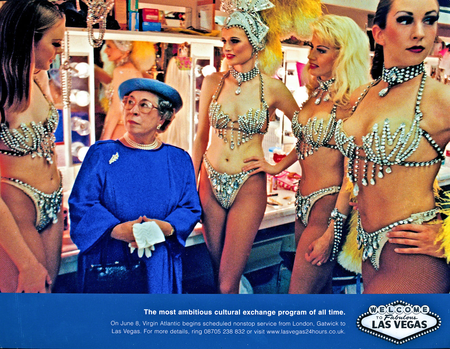 Ad for Virgin Atlantic %22 nonstops to Las Vegas %22  Queen with showgirls,  agency- R & R Partners