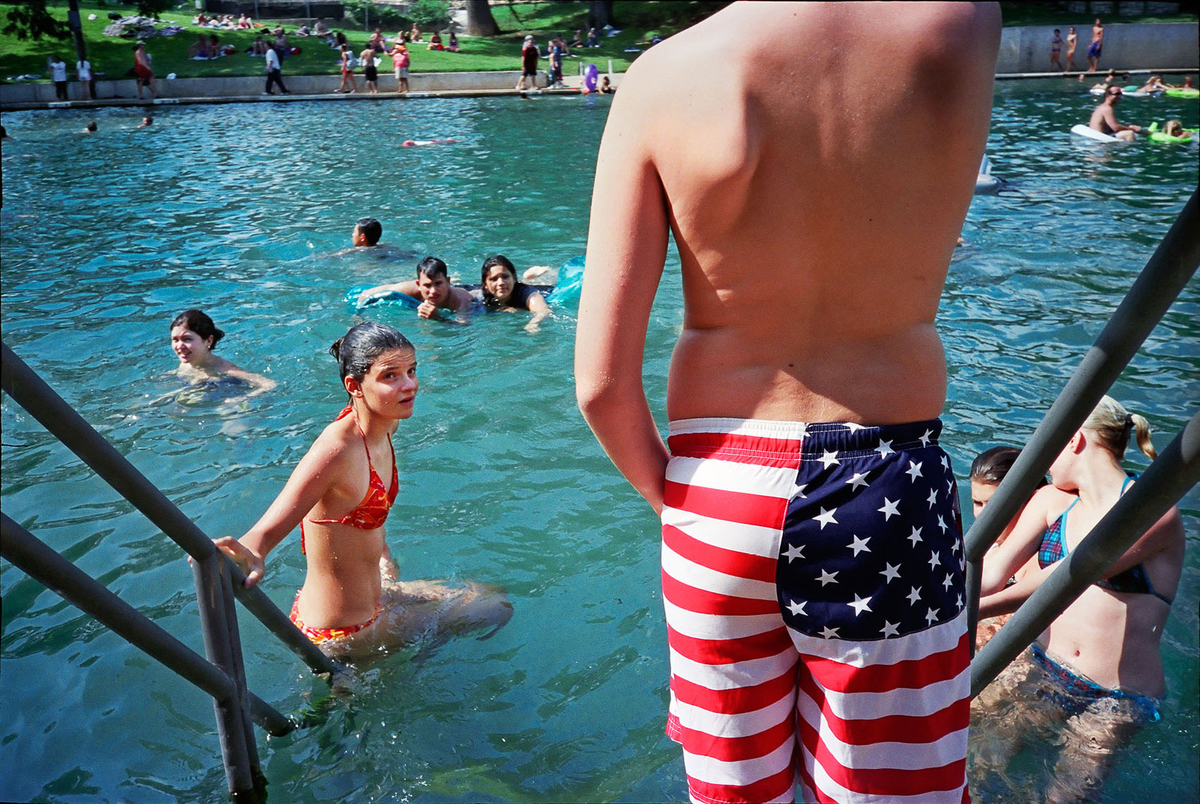 1157Barton Springs, Spring fed pool, Stars and stripes shorts