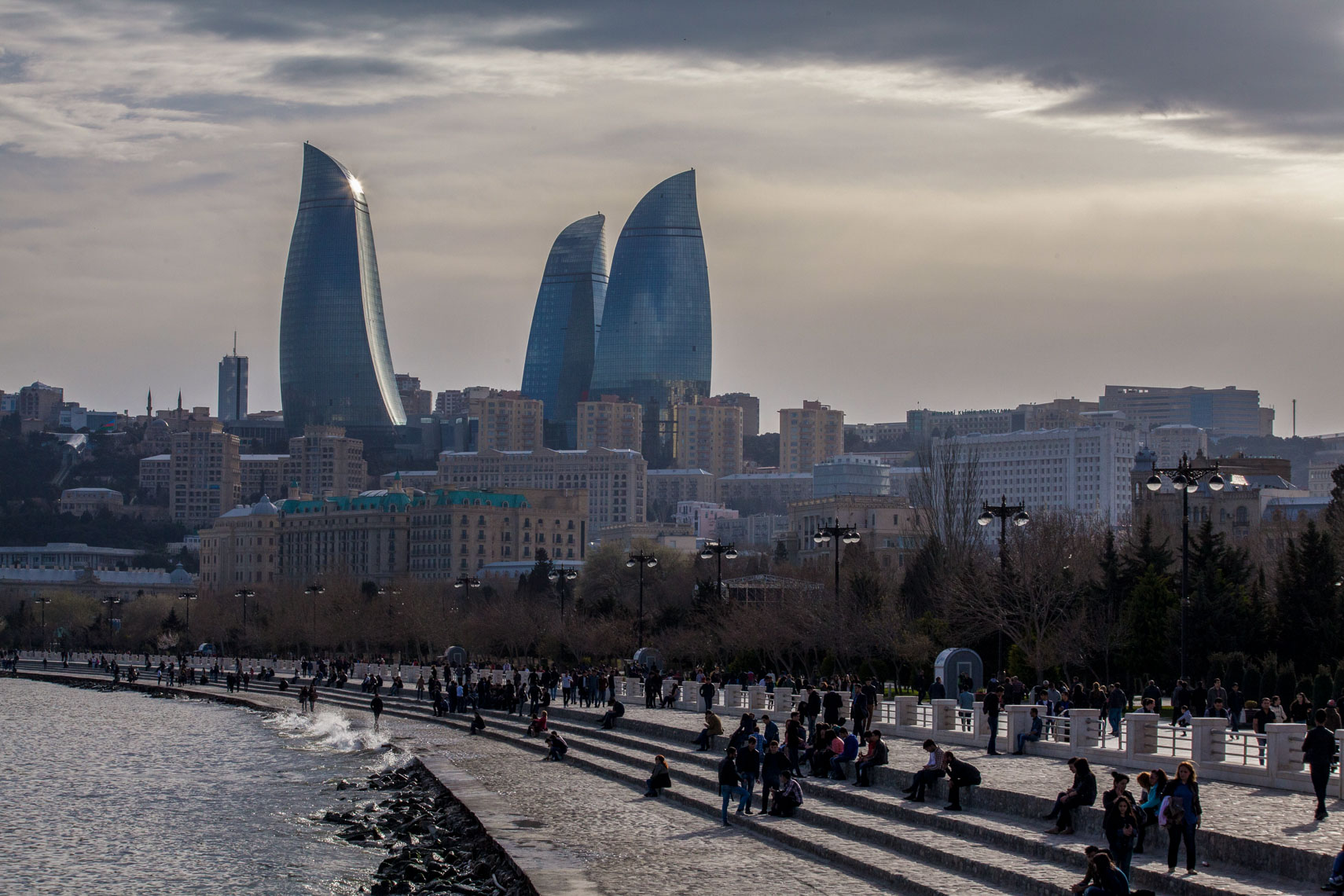 1204Baku Azerbaijan, the Flame Towers, Caspian Sea